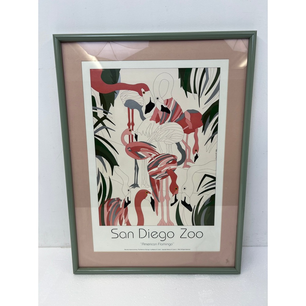 Vintage 1986 San Diego Zoo American Flamingo Poster Rebecca Covalt Framed Art 80